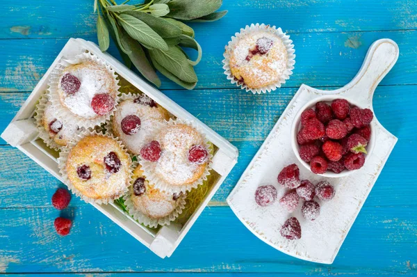 Bolos de coalhada (muffins) com framboesas, decorados com açúcar em pó — Fotografia de Stock