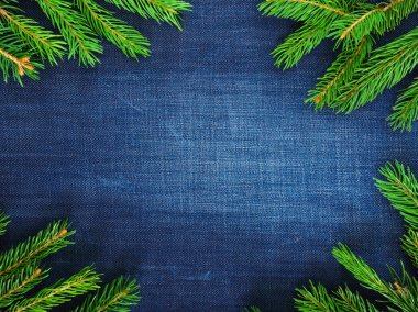 Köşelerde orta ve yeşil çam dallarında koyu mavi kot arka plan, eski püskü, yaşlı.