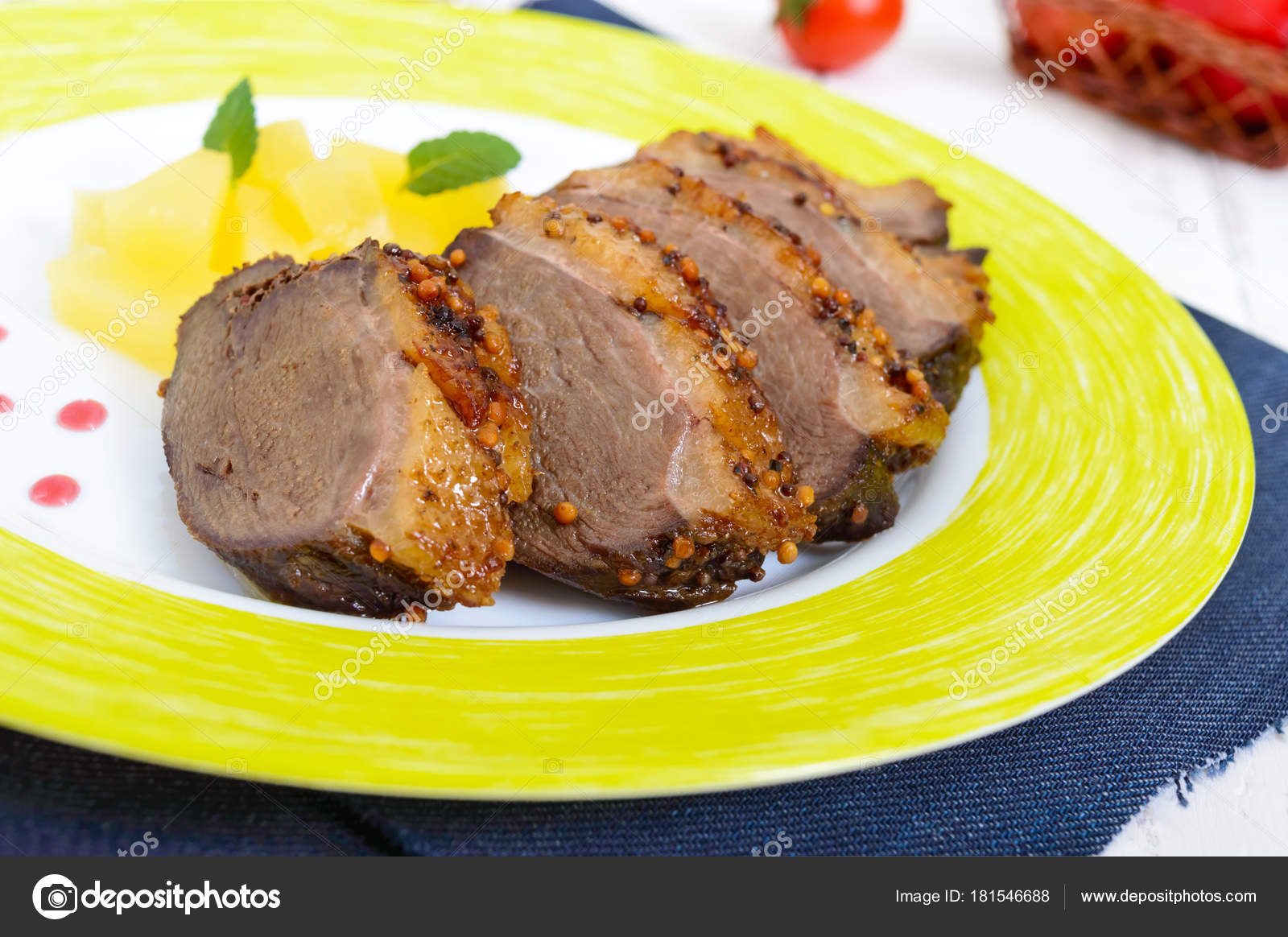 Duck Breast Magret Pieces Pineapple Ceramic Plate White Wooden