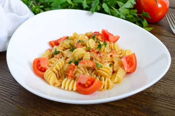 Warm Salad Seafood White Bowl Wooden Background Pasta Radiatori Crayfish — Stock Photo, Image