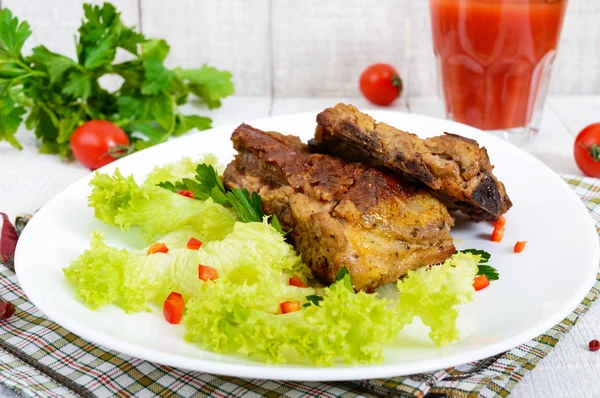 Fried Pork Ribs Plate Greens Tomato Juice White Wooden Background — Stock Photo, Image