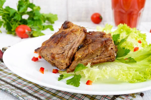 Fried Pork Ribs Plate Greens Tomato Juice White Wooden Background — Stock Photo, Image