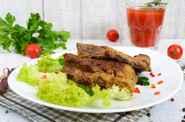 Fried Pork Ribs Plate Greens Tomato Juice White Wooden Background — Stock Photo, Image