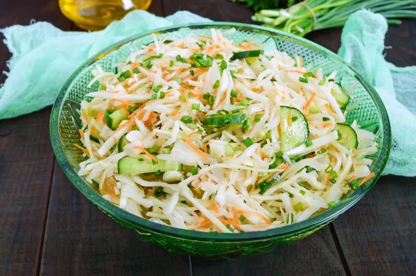 Dietary Salad Cabbage Cucumber Carrot Greens Juicy Spring Salad Fresh — Stock Photo, Image