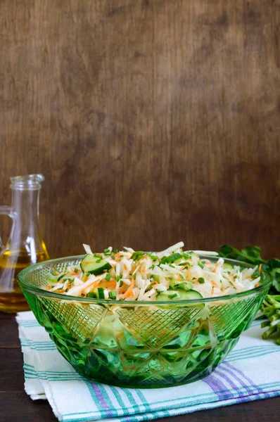 Dietary Salad Cabbage Cucumber Carrot Greens Juicy Spring Salad Fresh — Stock Photo, Image