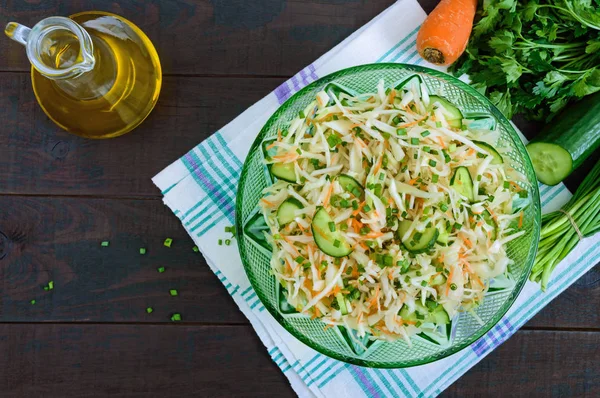 Dietary Salad Cabbage Cucumber Carrot Greens Juicy Spring Salad Fresh — Stock Photo, Image