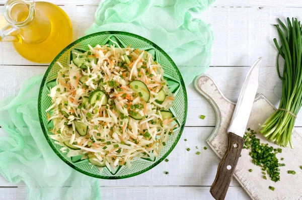 Dietary Salad Cabbage Cucumber Carrot Greens Juicy Spring Salad Fresh — Stock Photo, Image