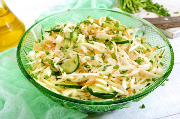 Dietary Salad Cabbage Cucumber Carrot Greens Juicy Spring Salad Fresh — Stock Photo, Image