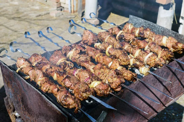 Vas Nyárs Szabadtűzön Főtt Hús Shish Kebab Pörkölt Szabadban Piknik — Stock Fotó