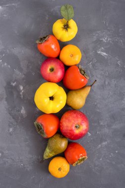 Beton zeminde farklı mevsimsel meyveler. Vitamin ve sağlığın kaynağı. Sağlıklı yeme kavramı.