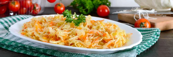 Sauerkraut German Stewed Cabbage Garnish White Plate Rustic Wooden Background — Stock Photo, Image