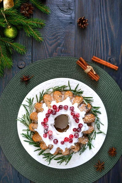 Christmas Fruit Cake White Plate Homemade Fruitcake Decorated Rosemary Powdered — Stock Photo, Image