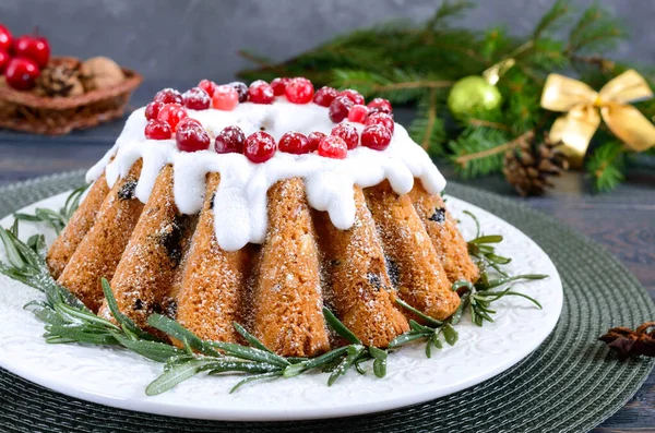 Torta Frutta Natale Piatto Bianco Torta Frutta Fatta Casa Decorata — Foto Stock