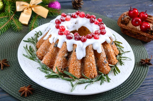 Christmas Fruit Cake White Plate Homemade Fruitcake Decorated Rosemary Powdered — Stock Photo, Image