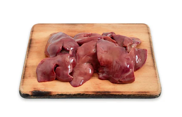 Raw chicken liver on a cutting board isolated on a white background. Offal. Ready to cook. Dishes from the liver.