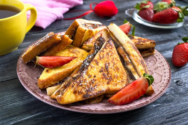 Sweet French Toasts Banana Chocolate Strawberries Wooden Background Tasty Breakfast — 스톡 사진
