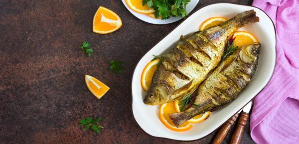 Baked Roach Fish Vegetables Oranges Ceramic Bowl Top View Diet — Stock Photo, Image