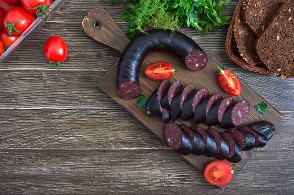 Morsilla Linguiça Sangue Peças Pudim Preto Espanhol Uma Tábua Corte — Fotografia de Stock