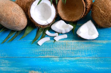 Hindistan cevizi, kabuk, mavi ahşap arka planda yeşil palmiye yaprakları. Uzayı kopyala Tropik arkaplan.