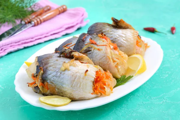 Baked Herring Stuffed Vegetables Tasty Fish Rolls — Stock Photo, Image