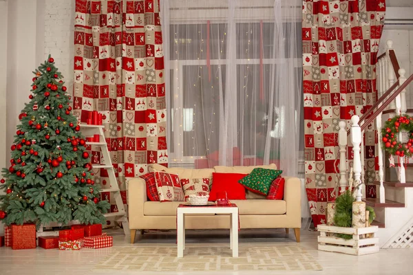 Krásný Interiér Obývacího Pokoje Zdobené Vánocům — Stock fotografie