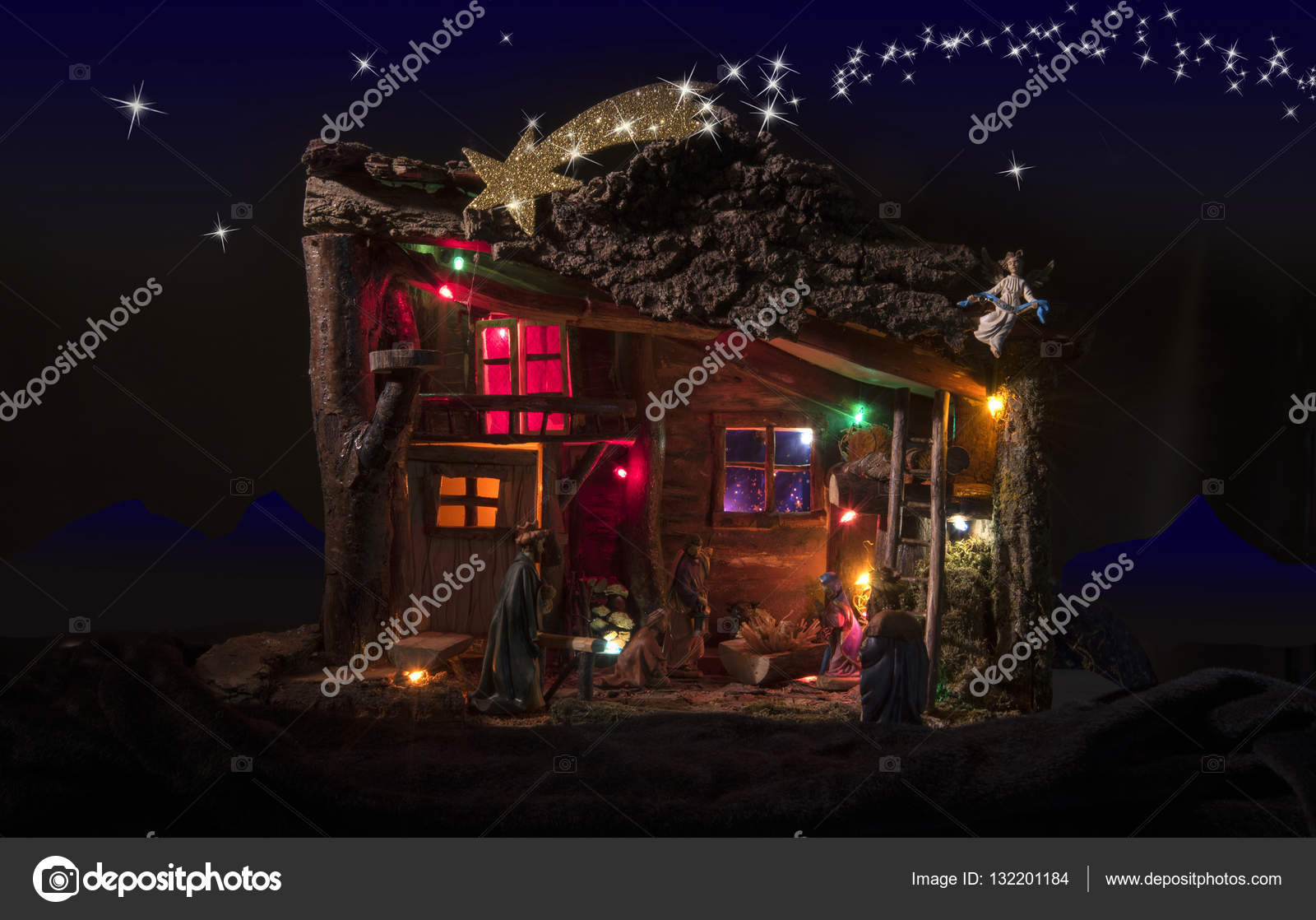 Cielo Stellato Presepe Con Luci Presepe con luci e sfondo — Foto Stock © barbajones #132201184