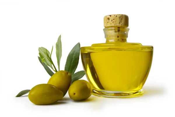 Olive e olio con sfondo bianco — Stockfoto