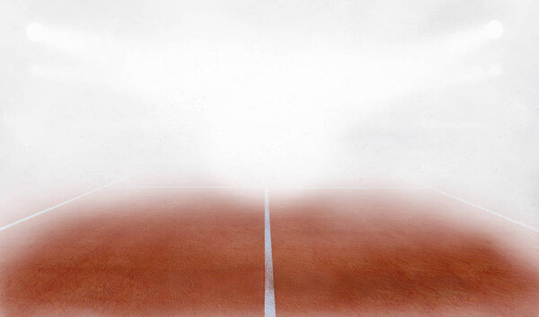 Тенисский наземный суд в тумане 3D рендеринг
