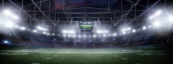 Пустой американский футбольный стадион 3D в световых лучах ночью визуализации — стоковое фото