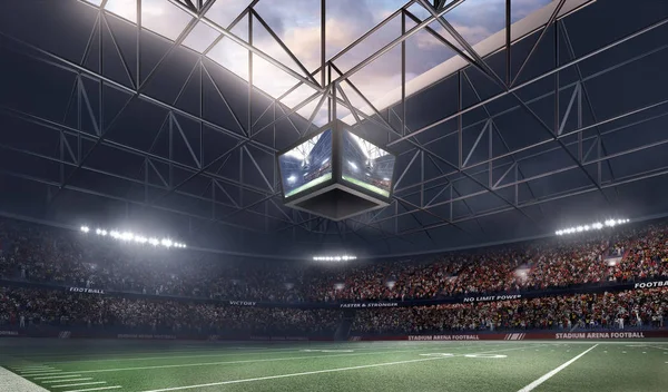 Vuoto stadio di calcio americano 3D in raggi di luce rendere — Foto Stock
