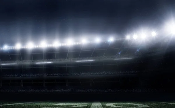 Empty american football stadium 3D in lights at night render — Stock Photo, Image