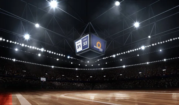 Arena profissional quadra de basquete duro em luzes com fãs — Fotografia de Stock