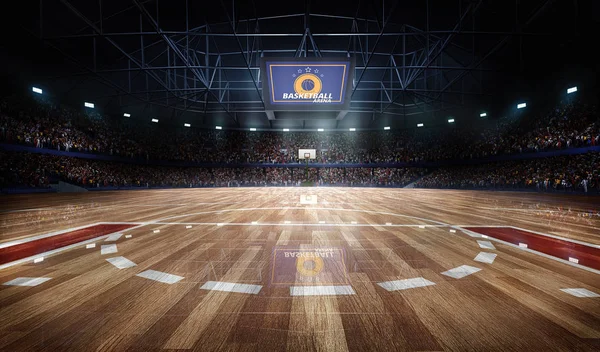 Arena de cancha de baloncesto profesional en luces con ventiladores 3d rendering — Foto de Stock