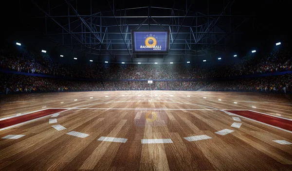 Arena de cancha de baloncesto profesional en luces con ventiladores 3d rendering — Foto de Stock