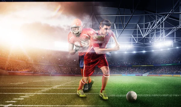 Futbol vs 3d spor arena futbol. çok spor oyuncular kolaj çalıştırın. Olgun oyuncu topu ile — Stok fotoğraf