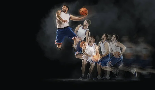 Basketballspieler springt mit Ball auf schwarzem Backboden. Collage — Stockfoto