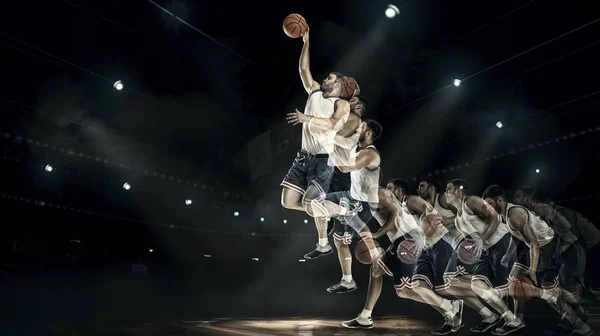 Jugador de baloncesto saltando con pelota en la arena de la cancha profesional. collage — Foto de Stock