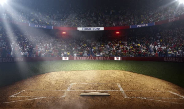 Professional baseball arena side view in lights 3d rendering — Stock Photo, Image