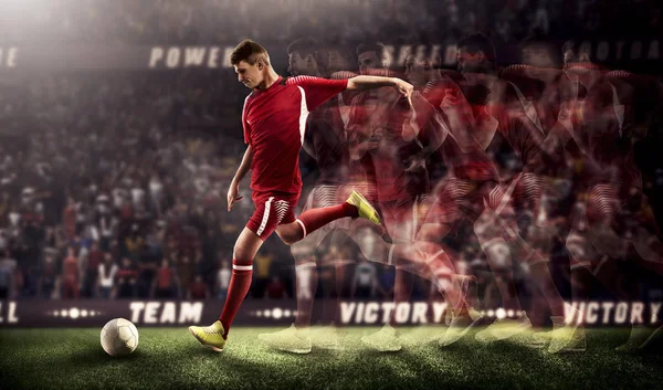 Soccer players in action on stadium background 3d rendering