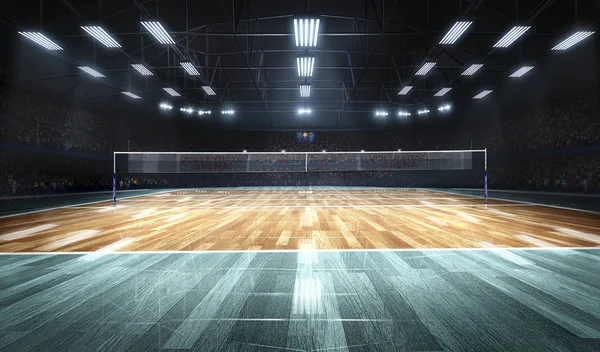 Пустая профессиональная волейбольная площадка в огнях — стоковое фото