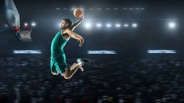 One basketball player jump in stadium panorama view — Stock Photo, Image