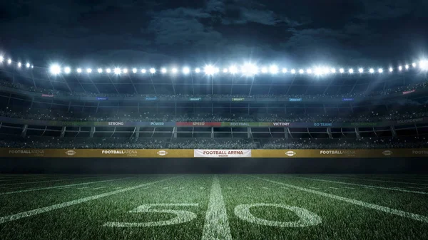 Stadio di calcio vuoto in raggi di luce di notte rendering 3d — Foto Stock