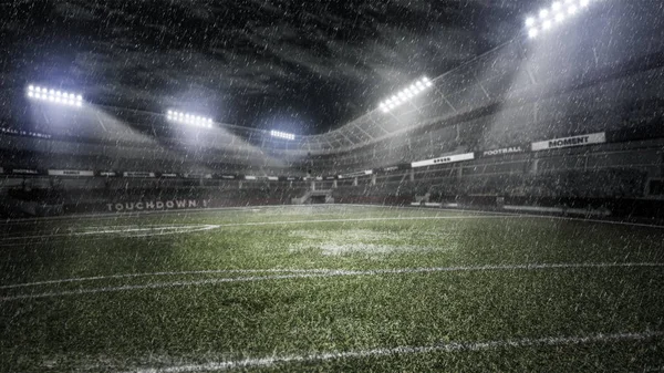 Rainy soccer stadium in light rays at night 3d illustration — Stock Photo, Image