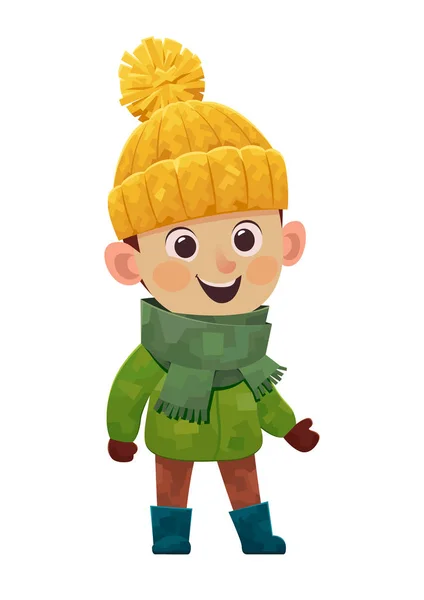 Mignon dessin animé garçon en hiver vêtements souriant — Image vectorielle