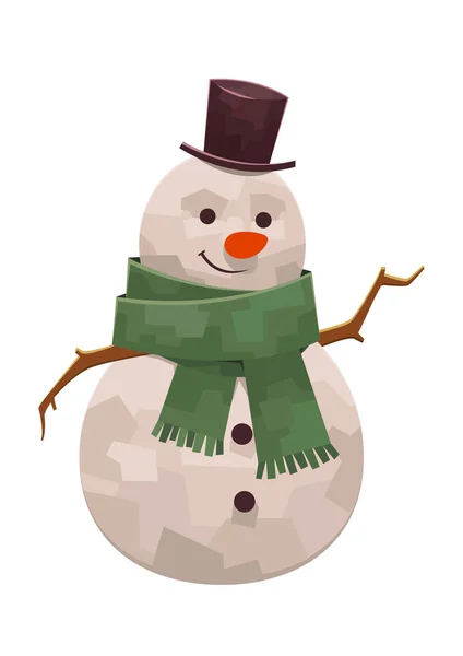 Bonhomme de neige gentil avec écharpe et chapeau souriant — Image vectorielle