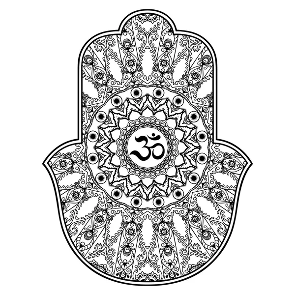 Simbol gambar tangan Vektor Hamsa. OM simbol dekoratif. Pola dekoratif dalam gaya oriental untuk dekorasi interior dan gambar dengan henna. Simbol kuno dari "Tangan Fatima"  ". - Stok Vektor