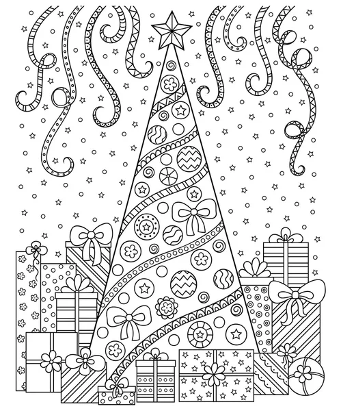 Doodle patroon in zwart-wit. Kerstversiering, kerstboom, geschenken, sneeuw en wimpels. Feestelijke sfeer - coloring boek voor kinderen en volwassenen. — Stockvector