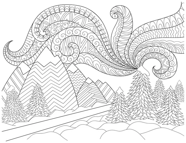 Doodle pattern in black and white. Winter Landscape - road, trees, mountains, northern lights, snow drifts. Landscape Pattern for coloring book. Winter mood - coloring book page for children and adults. — Stockový vektor