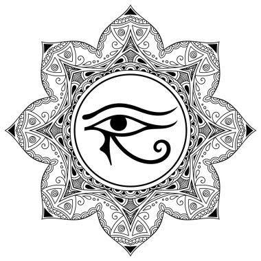 Mandala şeklinde dairesel desende. Antik sembolü Göz Horus. Mısır Moon işareti - Horus göz yaptı. Güçlü Firavunlar muska. Oryantal tarzda dekoratif desen.