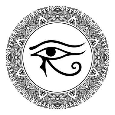 Mandala şeklinde dairesel desende. Antik sembolü Göz Horus. Mısır Moon işareti - Horus göz yaptı. Güçlü Firavunlar muska. Oryantal tarzda dekoratif desen.